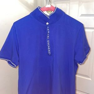 Blue Armani Exchange Poli with Logo going down the center of the button strip